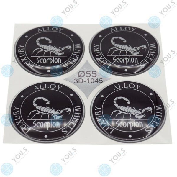 YOU.S Nabenkappen Silikon Aufkleber 55,0 mm - schwarz silber Scorpion Emblem Selbstklebend