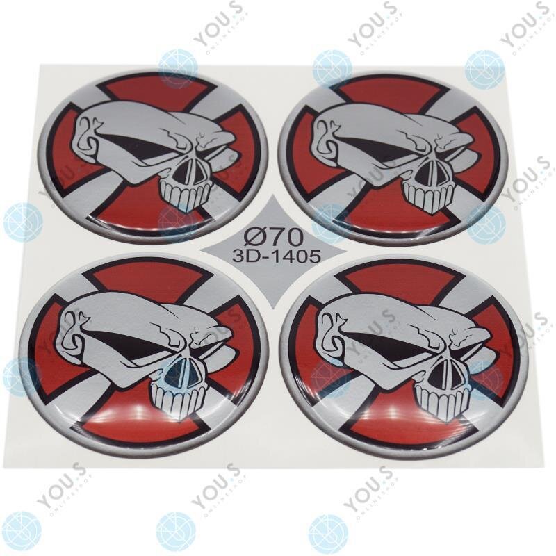 YOU.S Nabenkappen Silikon Aufkleber 70,0 mm - Totenkopf Emblem rot silber