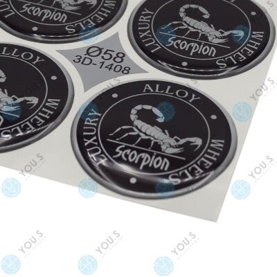 YOU.S Nabenkappen Silikon Aufkleber 58,0 mm - schwarz silber Skorpion Emblem selbstklebend