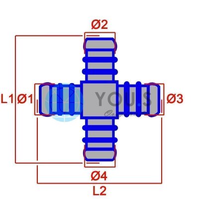 1 x YOU.S Original Schlauchverbinder Zwischenstück RGV Ø 14x14x14x14 mm - X Form