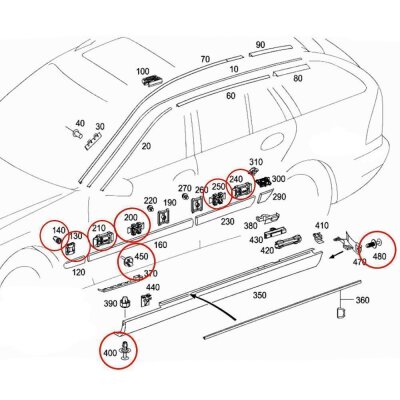 70-teilig YOU.S Original Seitenleisten Befestigung Clips SET kompatibel mit Mercedes C-Klasse W203 CL203 S203 CLK C209 A209 - A0019900192