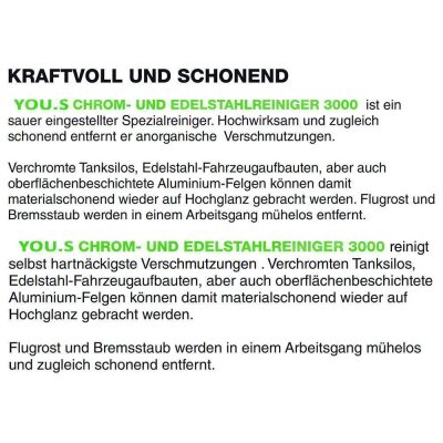 YOU.S Premium Care Chrom Edelstahl Alu Reinger Pflege Bremsstaub Flugrost Lï¿½ser - 2x 500 ml